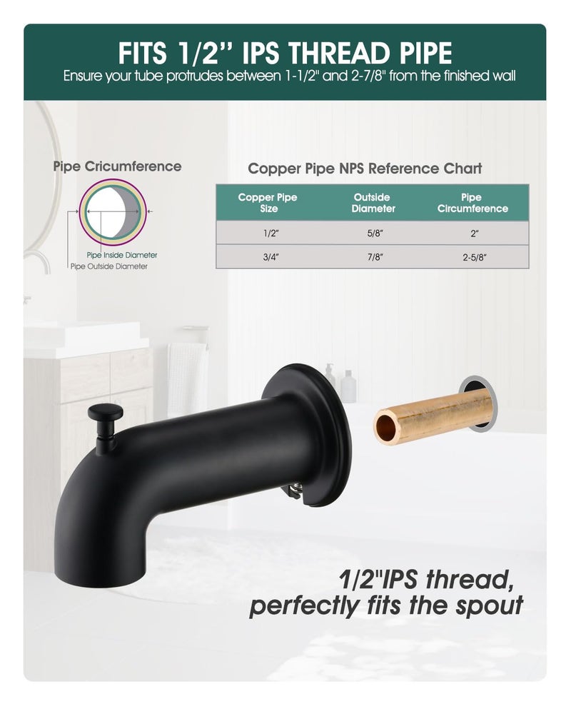 LOCALAND Slip-On Extra Long Tub Spout with Diverter, 1/2 Inch Slip Fit Connection,Matte Black - Image 5